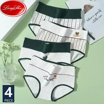 LANGSHA, 4 шт., большие размеры M-5XL, нижнее белье с высокой талией, хлопковые трусики, женские трусы с принтом для девочек, дышащее белье