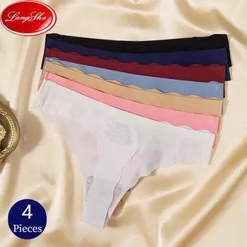 LANGSHA 4 шт./компл. женские стринги с волнистым краем шелковое атласное бесшовное нижнее белье сексуальное женское белье удобные спортивные трусики