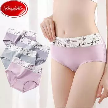 LANGSHA, 4 шт., трусики с высокой талией, женские трусики большого размера от M до 5XL, нижнее белье из чистого хлопка, милые трусы с принтом M