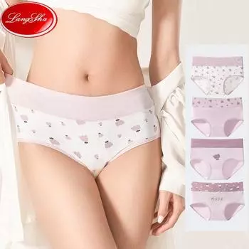 LANGSHA, 4 шт., трусики с высокой талией, женские трусики с милым принтом, хлопковое тонкое нижнее белье, дышащее сексуальное нижнее белье, большие размеры M-5XL