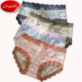 LANGSHA, 4 шт., женские сексуальные кружевные удобные шелковые трусики, нижнее белье с низкой талией, нижнее белье для женщин