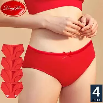 LANGSHA, 4 шт., женские трусики, красное нижнее белье с милым бантом для девочек, дышащие хлопковые трусы, размер M-XXL