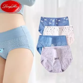 LANGSHA, 4 шт., женские трусики с высокой талией, хлопковое женское нижнее белье с милым принтом, дышащее нижнее белье