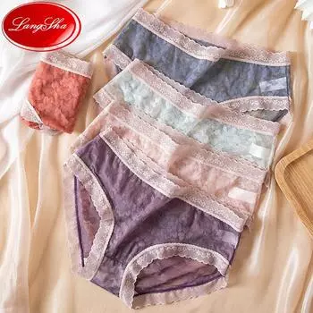 LANGSHA, 5 шт., женские хлопковые трусики, дышащее кружевное прозрачное бесшовное нижнее белье, трусы M