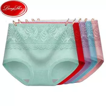 LANGSHA 5 шт. женские трусики с высокой талией, нижнее белье из чистого хлопка, дышащие трусы, кружевное женское белье