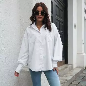 Lantern Sleeve Off Shoulder Long Sleeved Shirt for Women Loose Fitting Shirt S белый