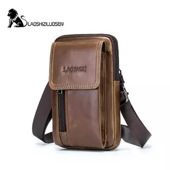 LAOSHIZI Мужская поясная сумка из натуральной кожи, сумка для телефона, поясная сумка, мужская маленькая нагрудная сумка через плечо, рюкзак 91121 коричневый