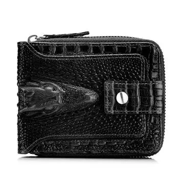 LAOSHIZI Мужской кошелек из натуральной кожи с тиснением под крокодила, с RFID-защитой, множеством отделений для карт и держателем для фото, горизонтальный складной дизайн чёрный
