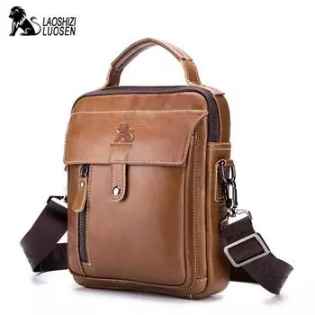 LAOSHIZI Сумка из натуральной кожи Мужские сумки-мессенджеры Мужские маленькие сумки через плечо с клапаном чёрный