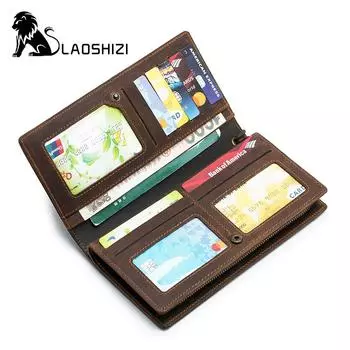 LAOSHIZI винтажный мужской кошелек ручной работы Crazy Horse из натуральной кожи, мужской кошелек, кожаный длинный кошелек для карт, мужской зажим для денег, сумка для денег коричневый