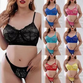 LAPA Плюс Размер Женское Сексуальное Женское Белье Комплект Нижнего Белья Цветочный Кружевной Бюстгальтер Стринги Стринги 2 ШТ. L чёрный