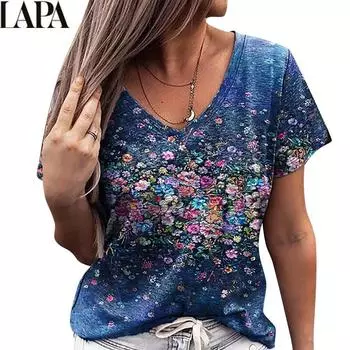 LAPA Женская футболка в стиле бохо с цветочным принтом и V-образным вырезом S фиолетовый