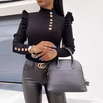 LAPA Женская трикотажная блузка с длинными рукавами и пышными рукавами, однотонная футболка на пуговицах, топ