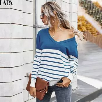 LAPA Женские полосатые топы с цветными блоками, рубашка с длинным рукавом и V-образным вырезом, S-XL