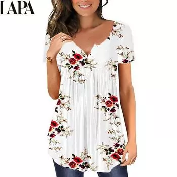 LAPA женские топы с цветочным принтом плиссированная футболка с коротким рукавом повседневная блузка футболка S-2XL