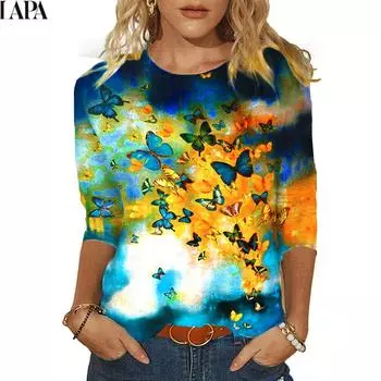 LAPA Женские топы с подсолнухами, свободная рубашка с цветочным принтом и рукавами 3/4, M-3XL
