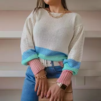 LAPA Женский вязаный свитер с цветными блоками и рукавами-фонариками, повседневная блузка, топ