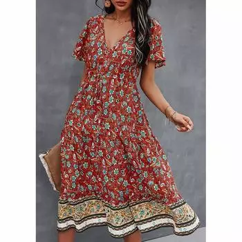 LAPA Женское богемное платье трапециевидной формы с V-образным вырезом и цветочным принтом