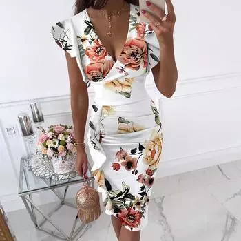 LAPA Женское облегающее платье с v-образным вырезом и принтом, мини-офисные платья с рукавами и рюшами, S-2XL