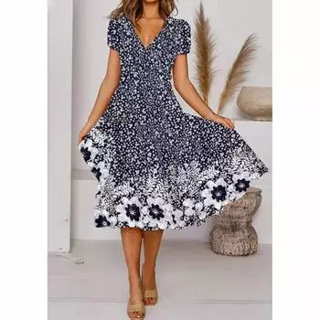 LAPA Женское платье с цветочным принтом Праздничный сарафан Миди-трапеции S темно-синий