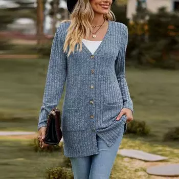 LAPA Женское трикотажное повседневное пальто Теплая куртка Верхняя одежда Свитер с карманами и длинными рукавами Топы S светло-синий