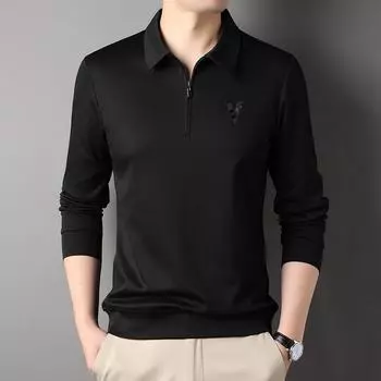 Lapel Cotton Long-sleeved Polo Shirt for Men Spring Printed Solid Color Fashionable Casual T-shirt Bottoming Shirt for Men M