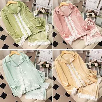 Lapel Lace Court Style Pajamas Home Wear Sexy Long Sleeved Pants Two-Piece Velvet Autumn Winter Warm Casual Sleepwear Set M зелёный