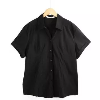Lapel Single Breasted Black and White Simple Graceful Short Sleeve Shirt Pure Black M
