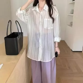 Lapel Striped Sunscreen Shirt S