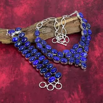 Браслет из лазурита, ювелирные изделия из серебра 925 пробы с драгоценными камнями, ожерелье ручной работы, потрясающие ювелирные изделия, комплект ювелирных изделий из браслета и ожерелья в подарок для нее Adjustable With 8 -18 синий