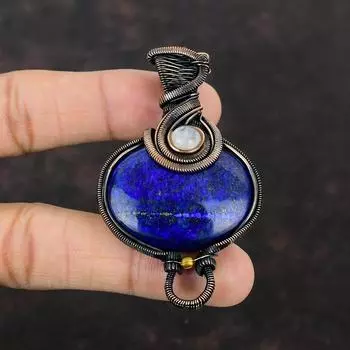 Lapis Lazuli Copper Pendant Rainbow Moonstone Pendant Copper Wire Wrapped Pendant Handmade Gemstone Pendant Copper Wire Jewelry Gift For Mom