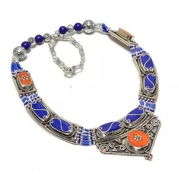 Lapis Lazuli, Coral Handmade Jewelry Necklace 18 Z9s09
