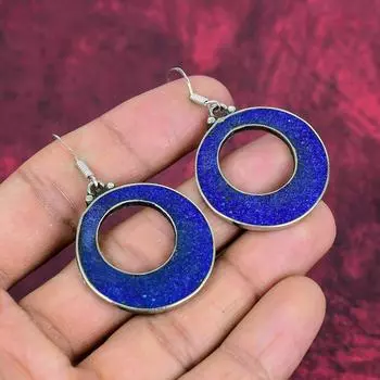 Lapis Lazuli Earrings Handmade Jewelry, 925 Solid Sterling Silver Earrings Designer Gemstone Jewelry Nepali Earrings, Gift For Mom 1.96 Inches синий