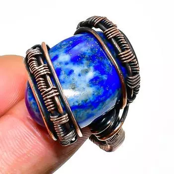 Кольцо из медной проволоки с драгоценным камнем лазурит ручной работы, размер 8,5