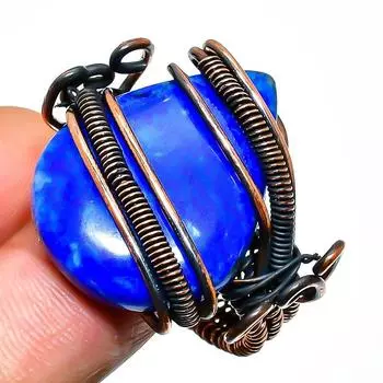 Кольцо из медной проволоки с драгоценным камнем лазурит ручной работы, размер 10