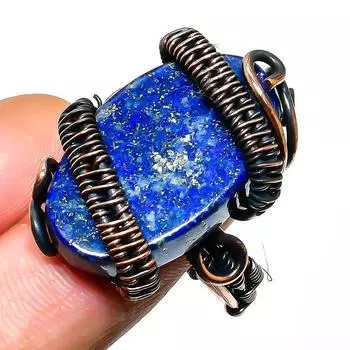 Кольцо из медной проволоки с драгоценным камнем лазурит ручной работы, размер 11