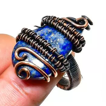 Ювелирное кольцо ручной работы из медной проволоки с лазуритом, размер 8