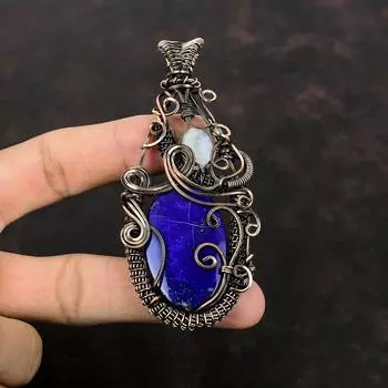 Подвеска из драгоценного камня лазурит, подвеска из радужного лунного камня, ювелирное изделие из медной проволоки, изящная подвеска ручной работы, подвеска из медной проволоки, свадебный подарок