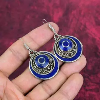 Lapis Lazuli Handmade Gemstone Nepali Earrings, 925 Solid Sterling Silver Earrings Antique Jewelry, For Engagement Gift 1.96 Inches синий