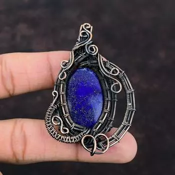 Подвеска из лазурита, медная проволочная обертка, ювелирное изделие ручной работы, антикварная подвеска, подвеска из драгоценного камня, лазуритовая медная ювелирная подвеска, подарок для нее