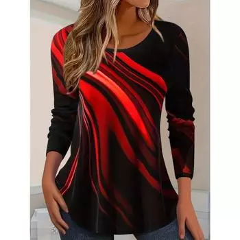 Large Abstract Print Casual Round Neck Long Sleeved T-shirt for Women s Plus Size Clothing S