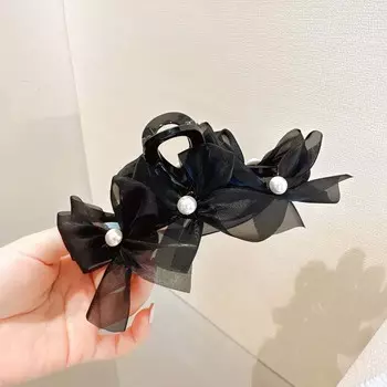 Large Black Bow Pearl Shark Clip Ladies Elegant Crab Ponytail Braid Claw Clip Korea Organza Hair Crabs Hair Accessories