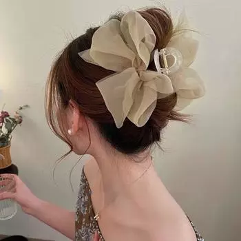 Large Bow Shark Clip French Style Women Hair Grab Fashion Chiffon Hair Claw Hair Accessory белый