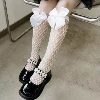 Large Bows Kids Knee High Socks Summer Black White Fishnet Stockings Fashion Hollow Out Girls Children Long Sock 5-13 years old