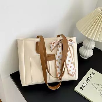 Large-capacity bag women s 2024 autumn new casual Korean version shoulder bag silk scarf bow portable tote bag белый