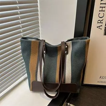 Large capacity bag women s autumn and winter 2025 new striped canvas bag casual shoulder tote bag travel tote bag белый