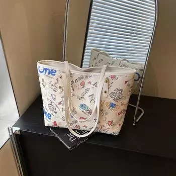 Large-capacity bag women s summer versatile new casual shoulder bag graffiti class commuter tote bag белый