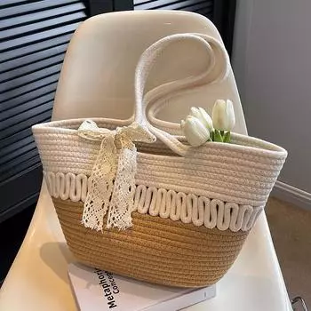 Большая вместительная пляжная сумка 2024 года, модная универсальная сумка для поездок на работу, нишевая тканая портативная сумка через плечо в иностранном стиле