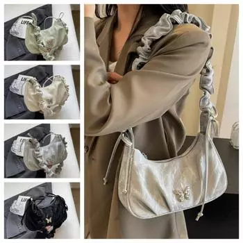 Large Capacity Butterfly Bag PU Leather Bow Bag Vintage Pleated Single Shoulder Bag Unisex зелёный