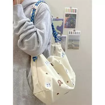 Large Capacity Canvas Bag 2025 New Arrival Handbag Embroider Work Clothing Messenger Bag Student Class Shoulder Tote Bag White
